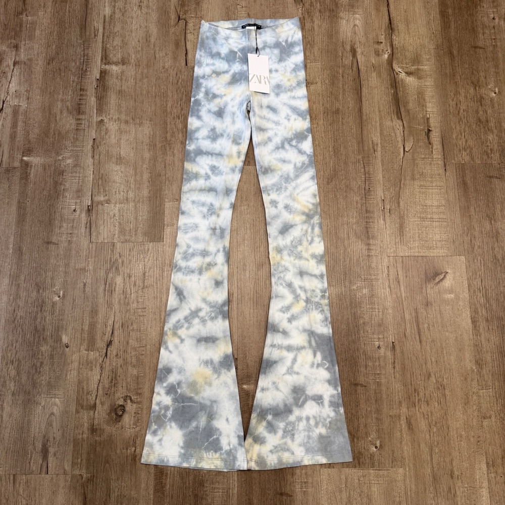 NEW Zara Womens Blue Grey Tie Dye Ribbed Flare Bell Bottom Yoga Pants Small - Picture 1 of 7